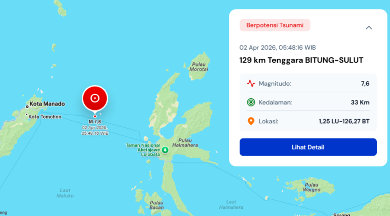 Gempa Bumi Magnitudo 7,6 Guncang Bitung, Terdeteksi Gelombang Tsunami Kecil